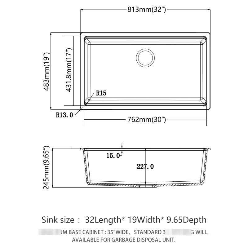 32X19" Granite Composite Quartz Undermount Kitchen Sink, Black Color, Rounded Corners For Simple Cleaning, Hard And Non - Porous, Comes With Cutting Board Drying Roll Up Rack Sink Workstation,