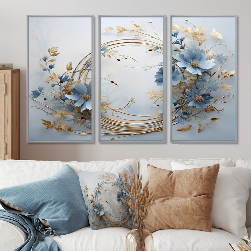 Couronne de fleurs bleue et dorée - ensemble de décoration murale couronne, H 28 po x l 36 po x P 1 po
