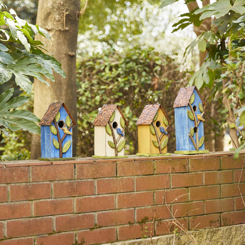 Strader Distressed Solid Wood Cottage Decorative Outdoor Garden Birdhouse with 3D Tree, Blue/Green/Brown
