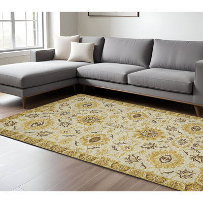 Tapis crocheté à la main à médaillon floral en laine beige et brun 8 pi x 10 pi
