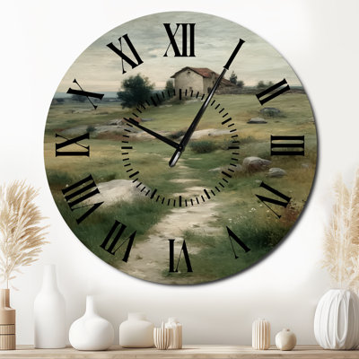 Prairies de ferme brunes et blanches en Irlande II - Horloge murale rustique en métal vert