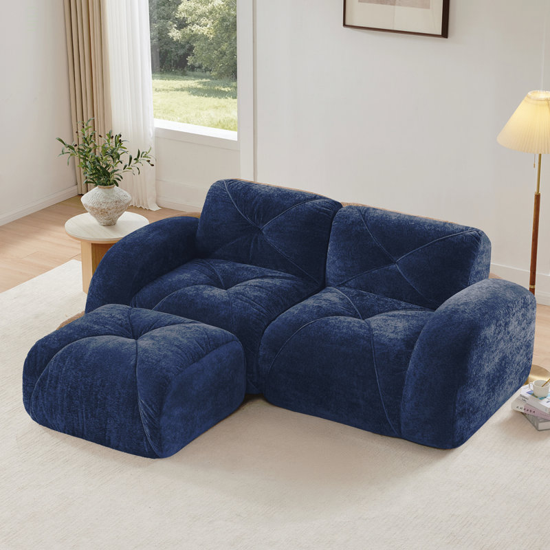Canapé en L sans os, tissu de velours doux, conception capitonnée, éponge haute densité 32D, aucun assemblage requis, conception ergonomique du bas, conception antidérapante, repose-pieds mobile pour les chambres à coucher, bleu