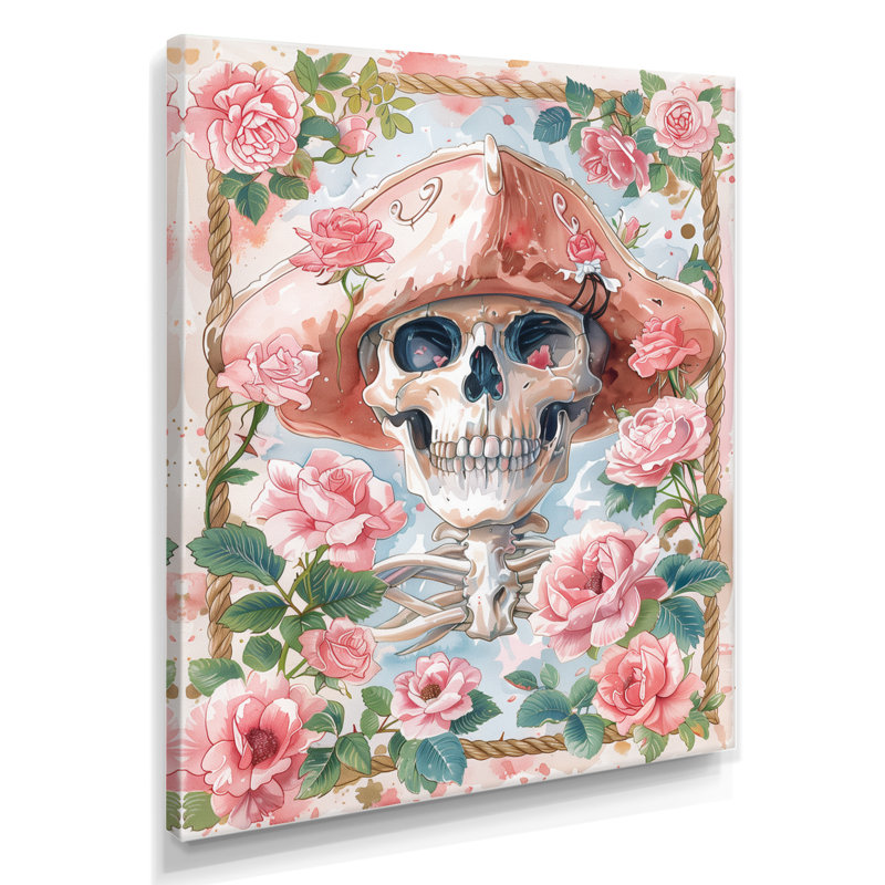 Décoration de crâne de pirate rose et vert Blooms IV - Bord de mer, Toile tendue, H 12 po x l 20 po x P 1 po