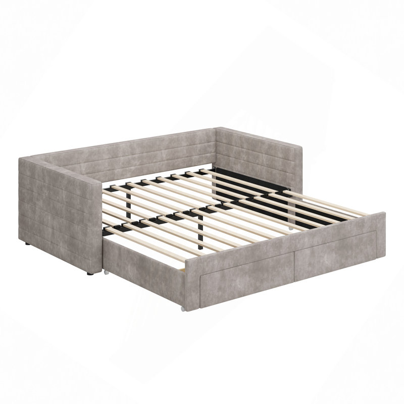 Structure de lit de jour rembourré extensible avec canapé-lit en tissu chenille, gigogne et peu encombrant avec tiroirs de rangement pour le salon