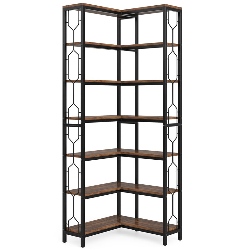 78.74" Tall 7-Tier Industrial Rustic Brown Corner Bookshelf Tall Wood Metal Etagere Display Shelf For Home Office