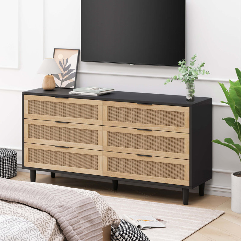 Armoire de rangement en rotin 6 tiroirs, Noir