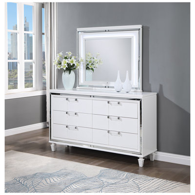 Genoa 6-Drawer Dresser with Embossed Woodgrain Finish and Mirror Trim Accents in Sparkling White