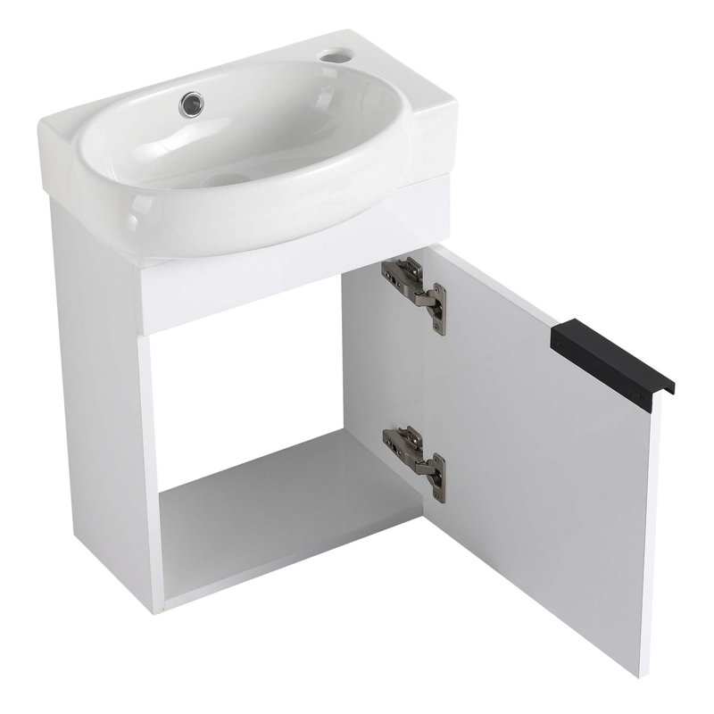 Meuble-lavabo simple avec plateau en céramique Zayvon, Blanc lustré
