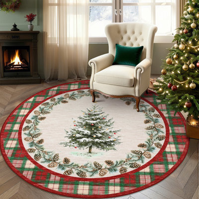 Tapis de Noël lavable à la machine, doux et décoratif, avec envers antidérapant, motif couronne de pin enneigée, à carreaux, pliable et mince, pour intérieur.