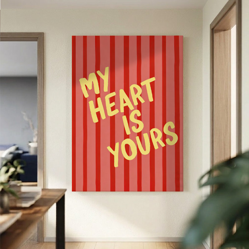 Tableau sur toile « Mon cœur est à toi » à la typographie ludique, impression sur châssis entoilé 61 x 91 cm, décoration murale romantique rose et rouge pour chambre, salon et entrée