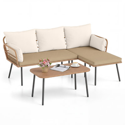 3 Pieces L-Shaped Patio Furniture Set Outdoor Sectional Cushioned Sofa