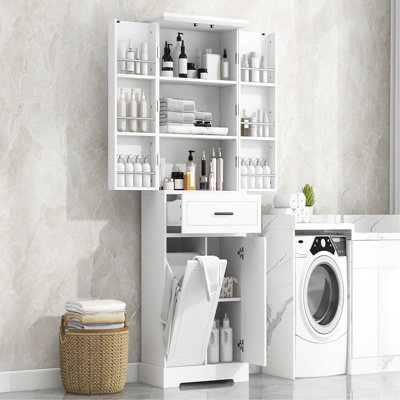 Freestanding Bathroom Storage Cabinet With Doors & Drawers, Tilt-Out Laundry Hamper, Adjustable Shelf, Multiple Storage Spaces, Two Packages