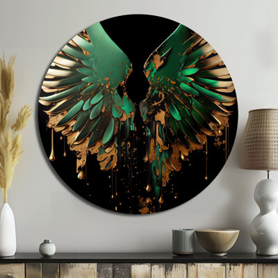 Green And Gold Angel Wings II - Fantasy Round Metal Art