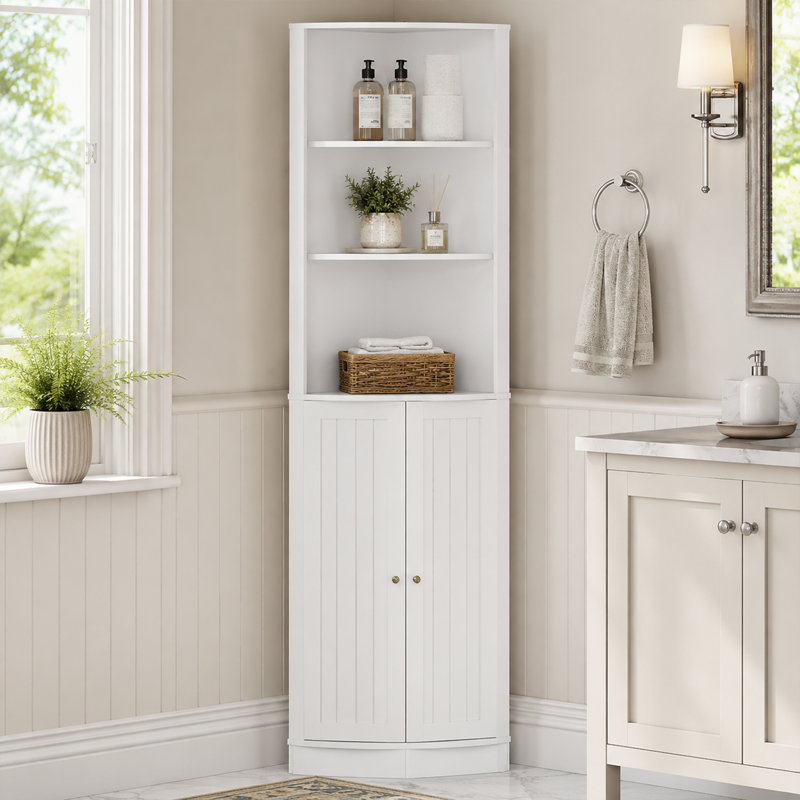 Meuble de rangement en coin pour salle de bain Cvitorel de 170 cm de hauteur avec étagères réglables et dispositif antibasculement