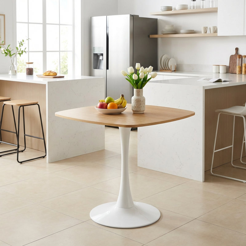 Stylish Modern Dining Table with Pedestal Base, 28.94"H x 31.5"L x 31.5"W, Oak, White