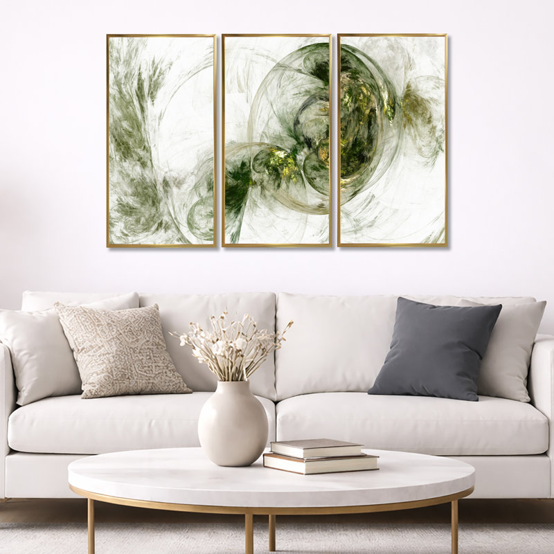 Coloured Smoke Green - ensemble de 3 reproductions d'art encadrées abstraites sur toile, H 28 po x l 36 po, Doré