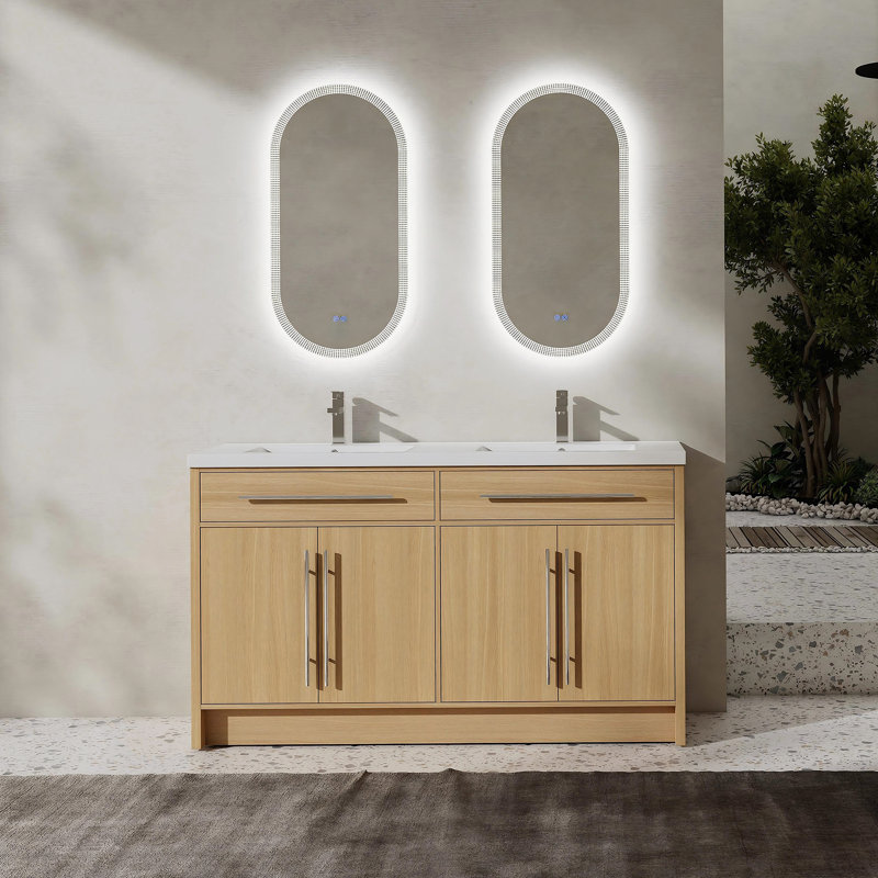 Meuble-lavabo autoportant de 60 po avec lavabo en résine, 4 portes à fermeture douce, chêne original, contreplaqué (KD-PACKING)