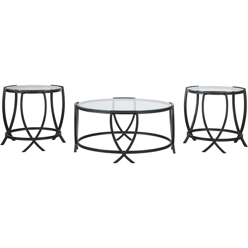 ArcX Contemporary Black Round Coffee Table Set with Tempered Glass