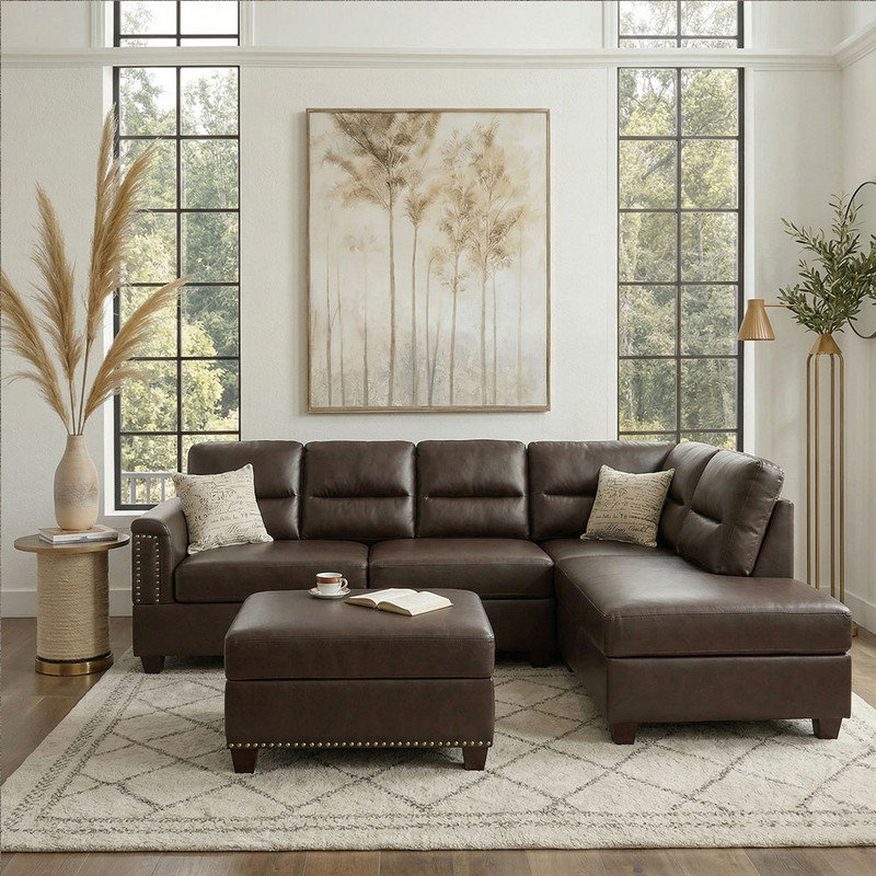 Canapé modulaire réversible en L 3 pièces avec repose-pieds cocktail, canapé en similicuir avec garniture cloutée et dossier à deux niveaux, comprend 2 coussins