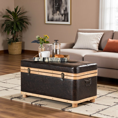 Repose-pieds en granite avec revêtement en similicuir brun, H 16,67 po x l 31,22 po x P 15,49 po