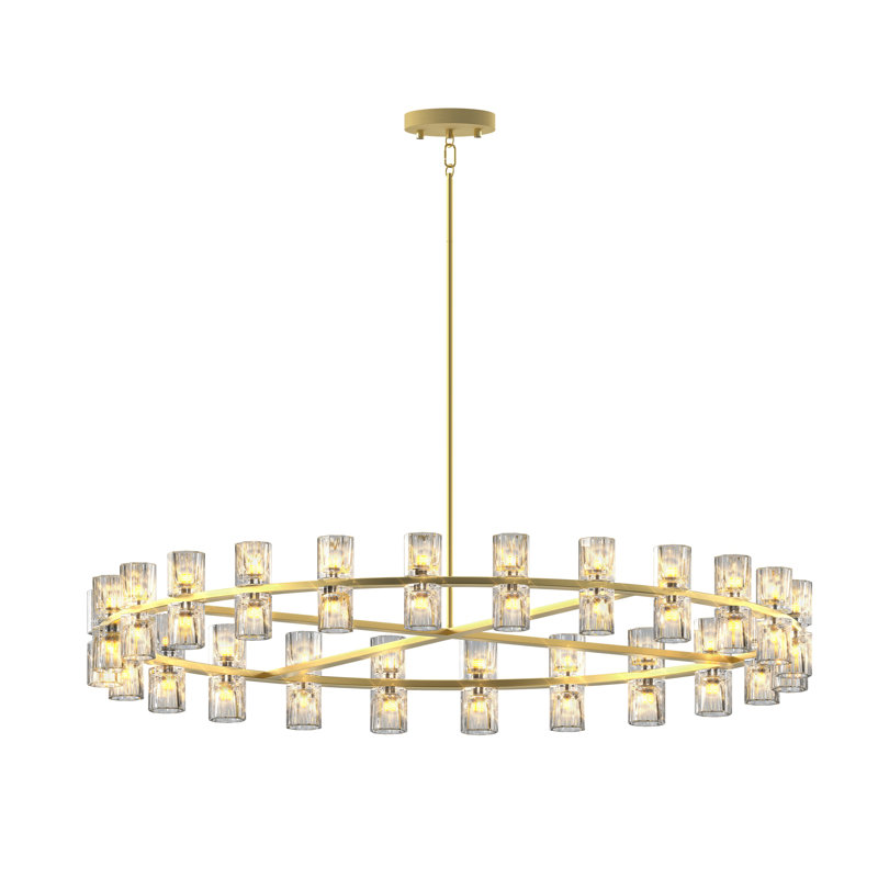 Wagon Wheel Chandelier with Crystal Shade, Gold, 103.1" H x 48" W x 48" D, 48 Lights