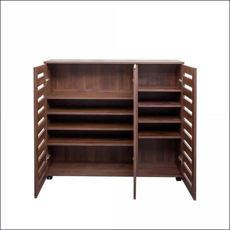 Shoe Cabinets, 5-Tier Traditional with Adjustable Shelves &amp; Louvered Doors | Walnut Brown Particle Board+MDF | Living Room