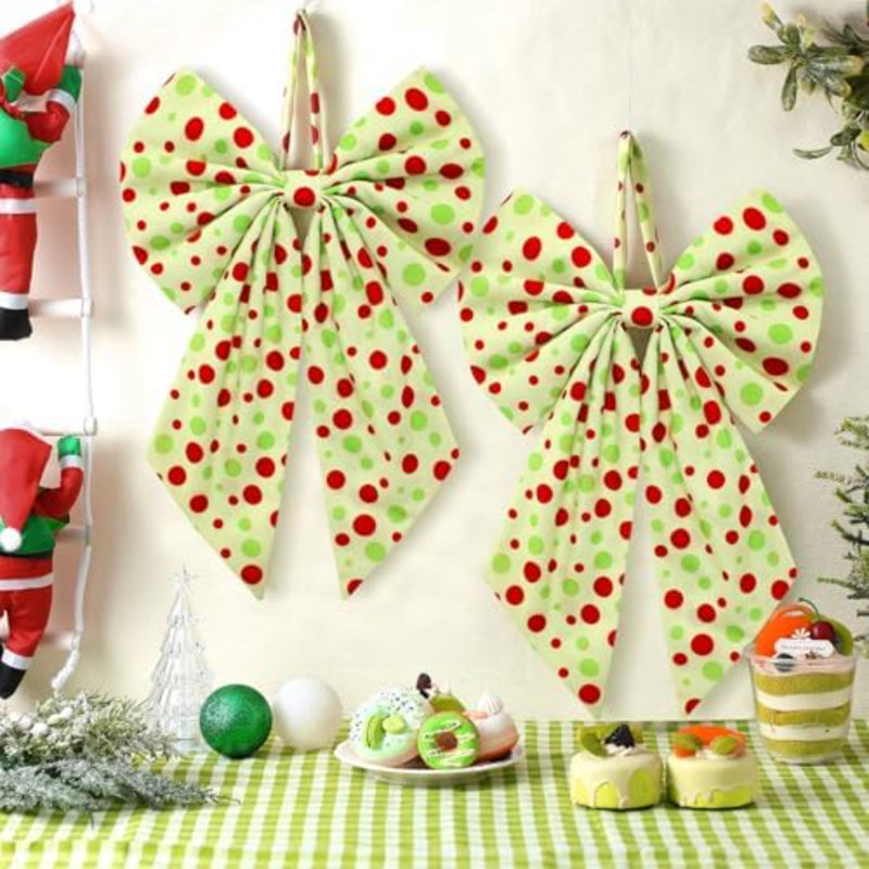Christmas Dot 2 Pcs Wreath Bows 19.6'' x 11.8'' Large Wreath Sash for Front Door Party Yard Doorway Indoor Outdoor Wall Decoration (Red and Green)