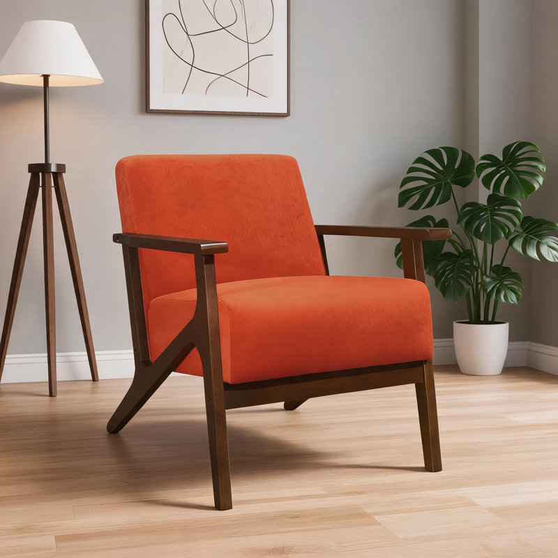 Chaise avec accoudoirs décorative, structure en bois massif de revêtement en velours de ton orange pour un salon confortable