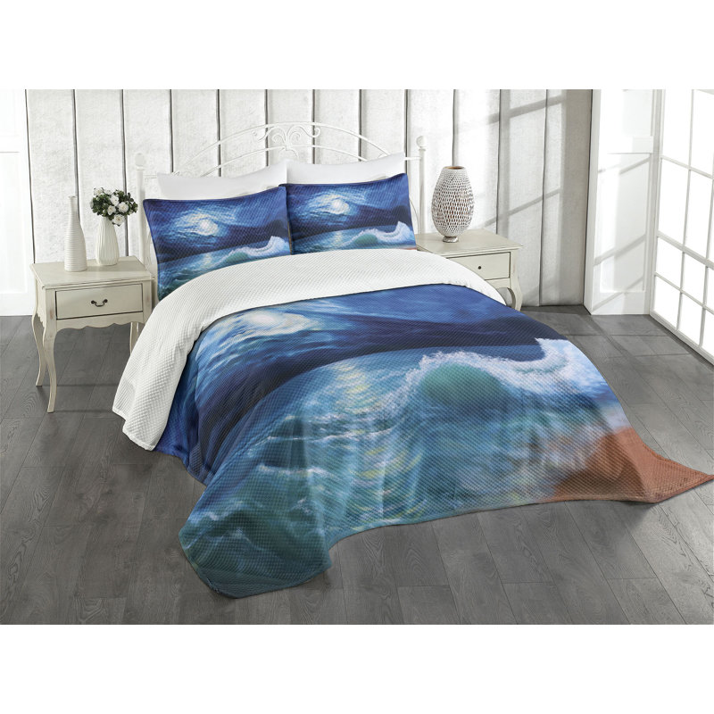 Ambesonne Ocean Bedspread Moonlight over Wavy, King Bedspread + 2 Standard Shams