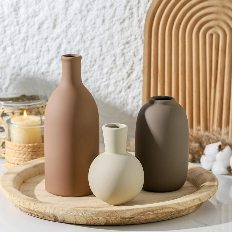 Set Of 3 Ceramic Vases, Modern Farmhouse Home Decor, Rustic Brown Pottery Vases For Pampas Grass, Flowers, And Plants - Perfect For Living Room, Bedroom, Table, Entryway, And Bathroom