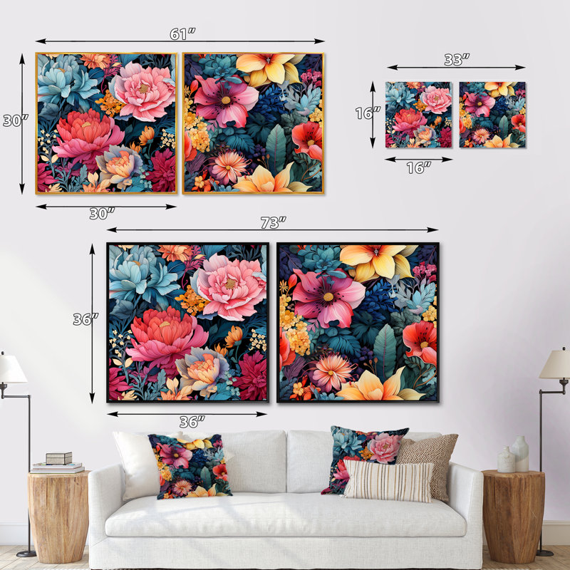 Lenna - ensemble de 2 collages carrés floraux, H 16 po x l 33 po, Cadre flottant doré