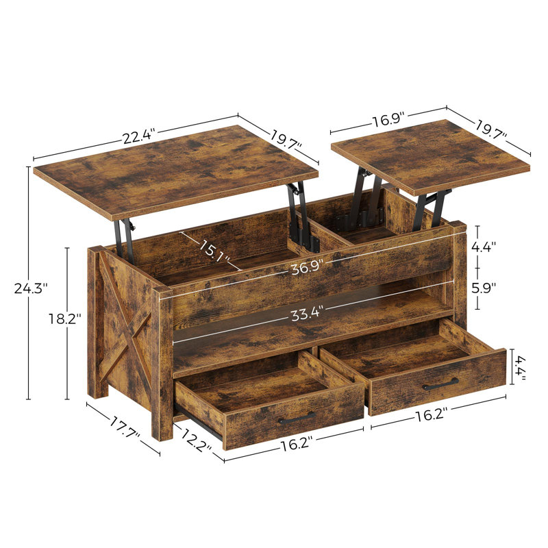 Coffee Table with 2 Storage, Lift Top Coffee Table for Living Room, Rustic Brown, 18.18" H x 39.3" L x 19.7" W