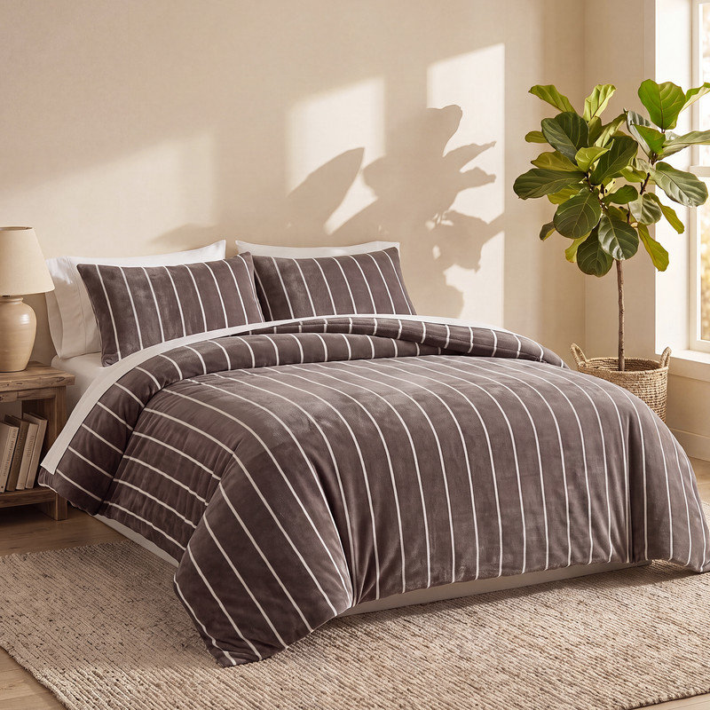 Ensemble d'édredon à rayures brunes de grande taille, ensemble de literie en molleton velours ultra doux et moelleux, motif à rayures classique sur mesure, ensemble de 3 pièces rustiques confortables pour toutes les saisons