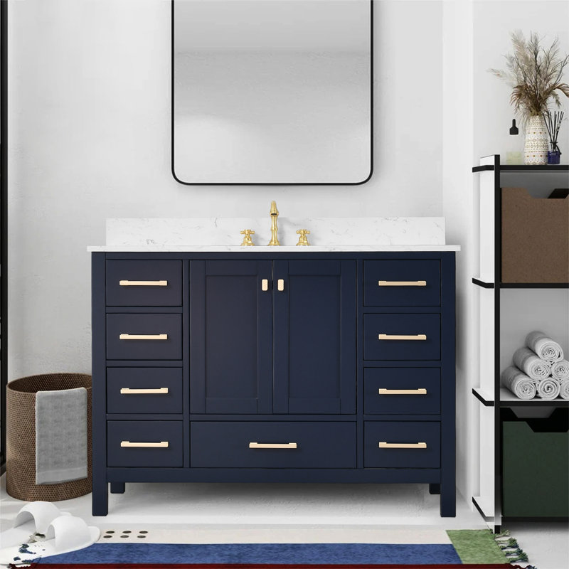 48-inch Bathroom Vanity With Engineered Stone Top, Blue, Gold