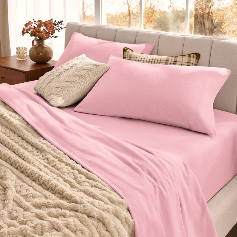 Organic 100% Cotton Flannel Sheet Set, Full Sheet Set with 2 Pillowcases, Light Pink