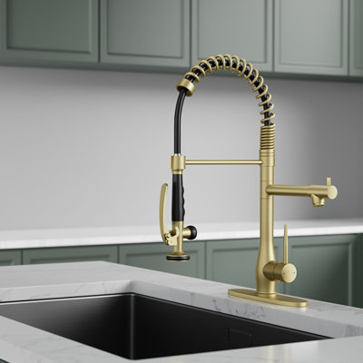 SynchroDuo Lockable Pull-Out Kitchen Faucet With Pot Filler Residential or Commercial Use Single Handle With Deck Plate in Brushed Gold