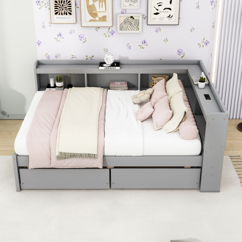 Lit de jour en bois double avec tablettes en L, chargeurs USB et tiroirs de rangement, Gris