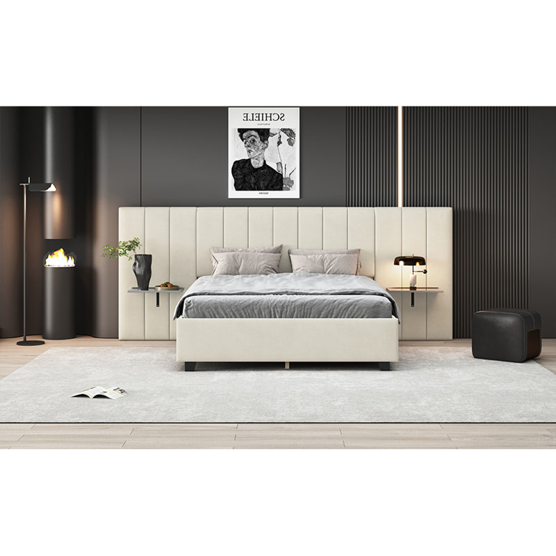 Grand lit plateforme tapissier avec grande tête de lit, Beige