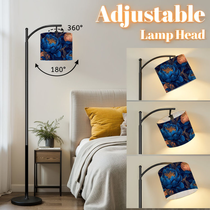 Lampe sur pied arc avec télécommande luxueuse pivoines bleu marine, applique murale or blanc, lampe haute à intensité variable 3 couleurs avec interrupteur au pied pour coin lecture