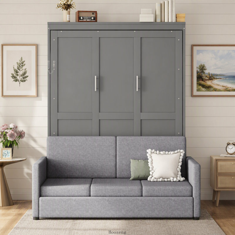 Grand lit escamotable mural avec coussin, gris