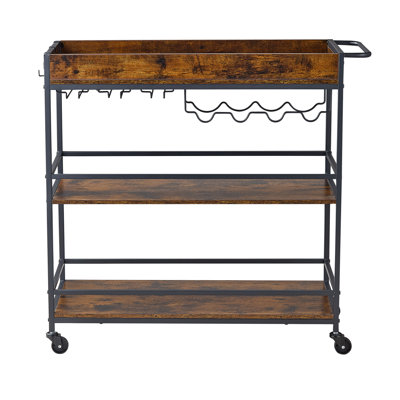 Chariot-bar, chariots de service de cuisine à 3 niveaux, station de travail industrielle sur roulettes, tablette à boissons mobile avec support à vin et porte-verres, brun rustique et noir, 34,64 x 14,17 x 32,68 po