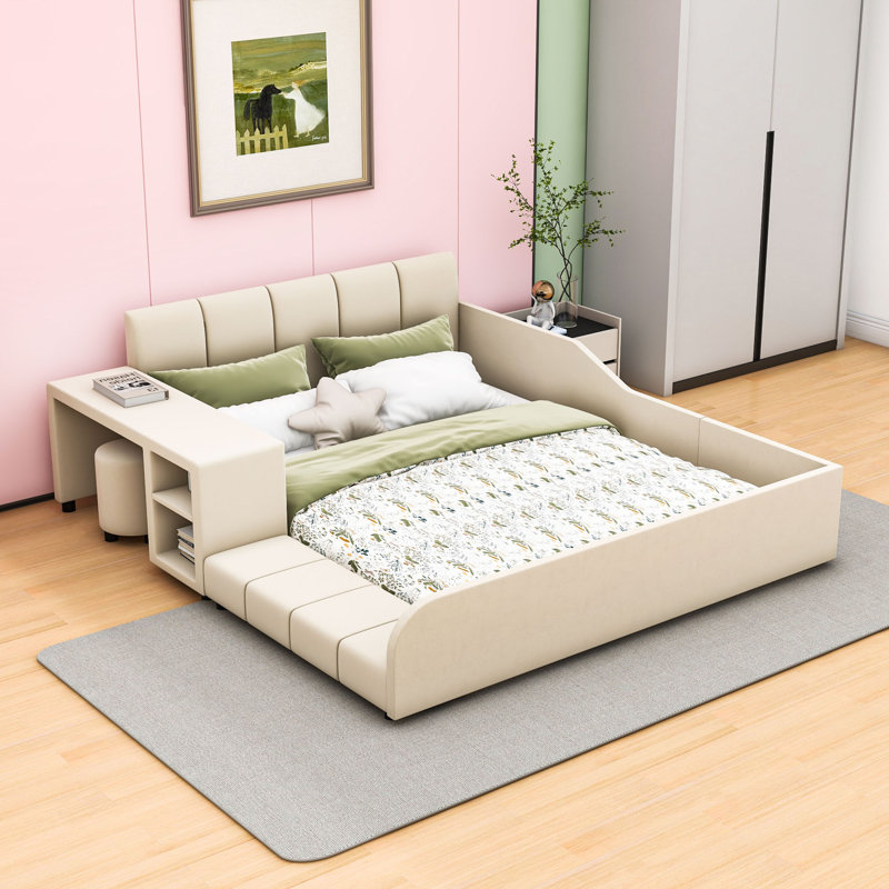 Lit plateforme tapissier luxueux en velours avec bureau, tabouret rond et rails de sécurité, Grand lit, Beige