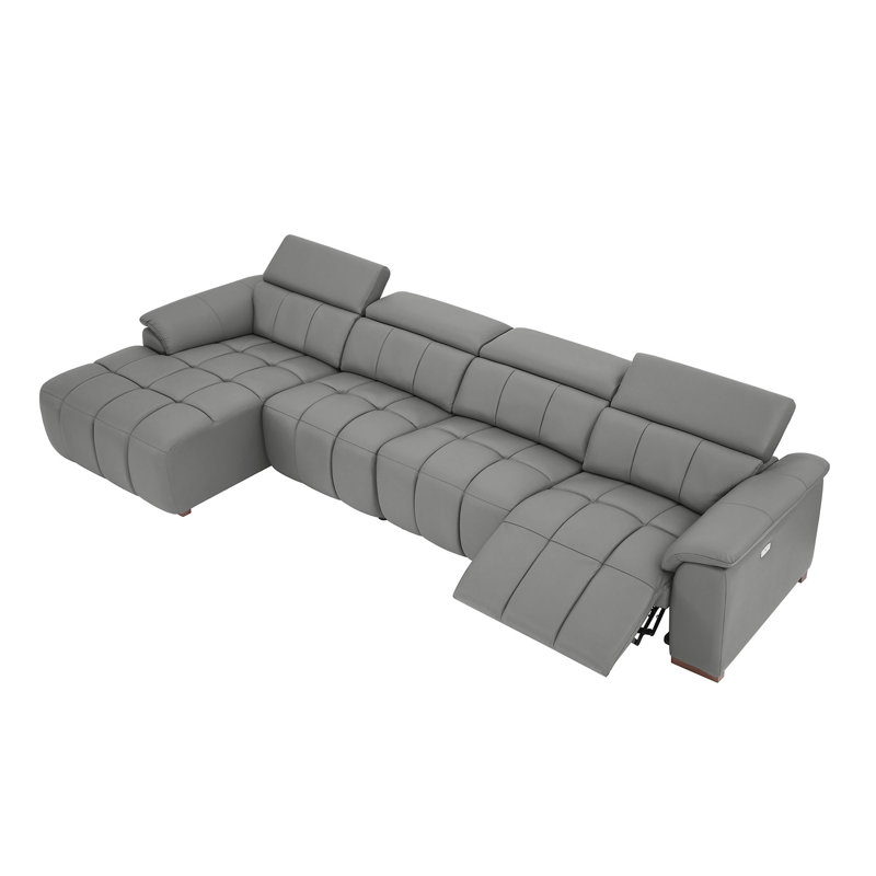 144.87" Genuine Leather Power Reclining Sectional With USB Port, Left Hand Facing, Gray Leather