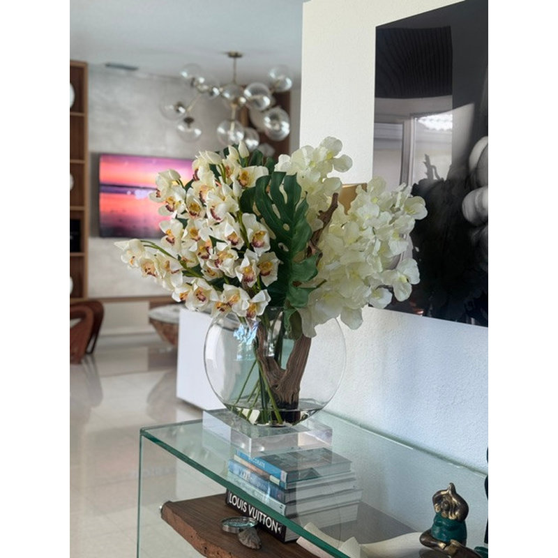 Moon Vase With Yellow Cymbidiums And White Vandas, White