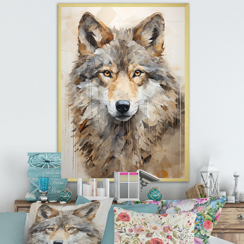Minimalisme beige loup expression II, reproduction sur toile, Cadre doré simple, H 20 po x l 12 po x P 1 po