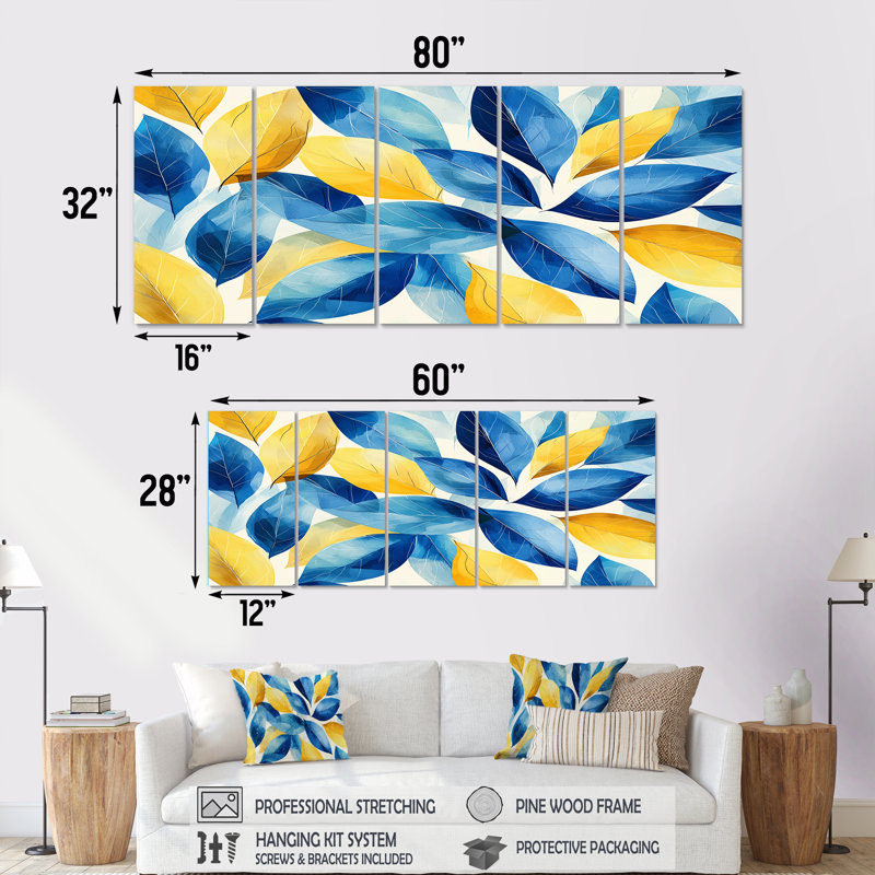 Feuilles numériques bleues et jaunesI - décoration murale jaune - art mural traditionnel, H 28 po x l 60 po, 5