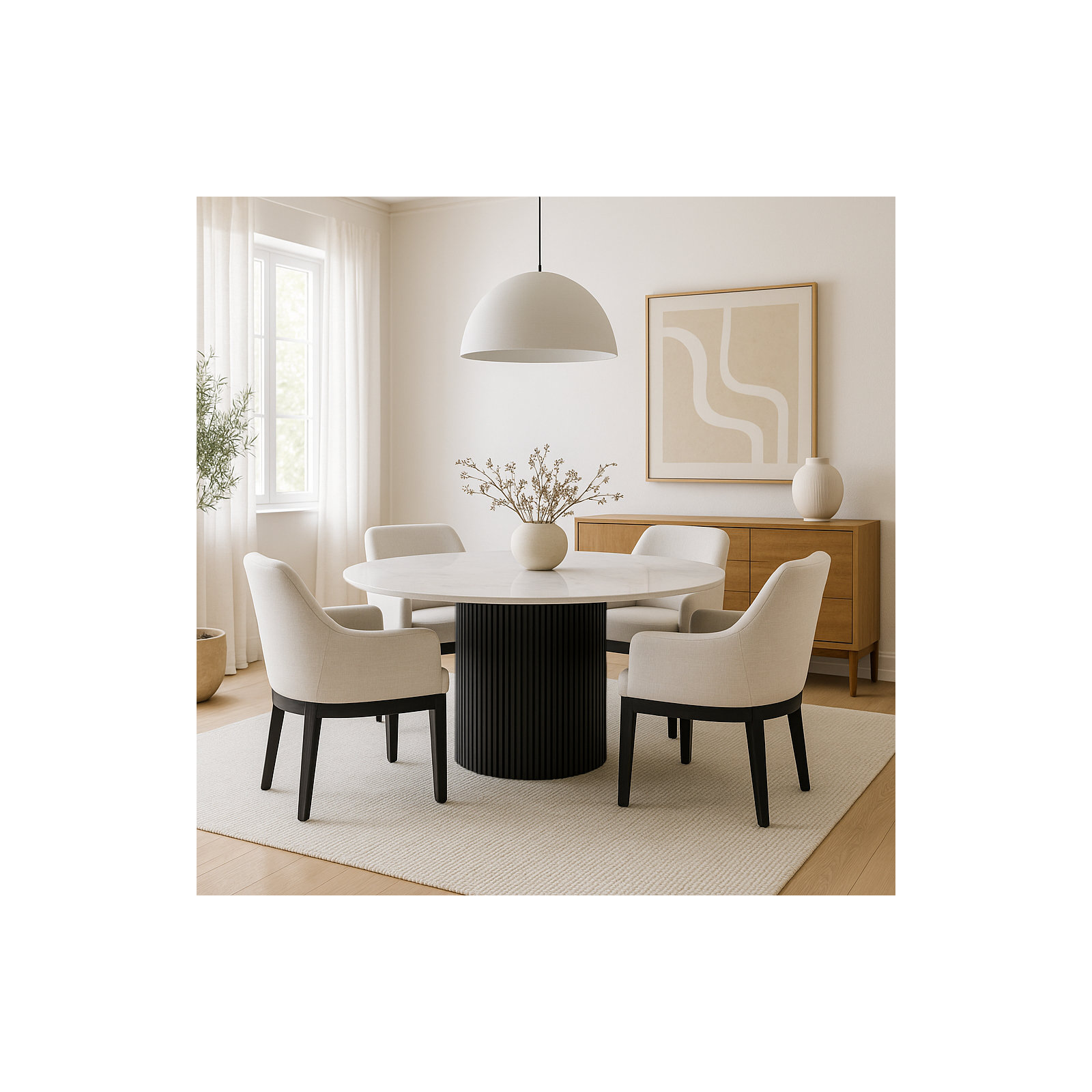 Fairmont Quartz Top Round Dining Table, White Wash Base, Black