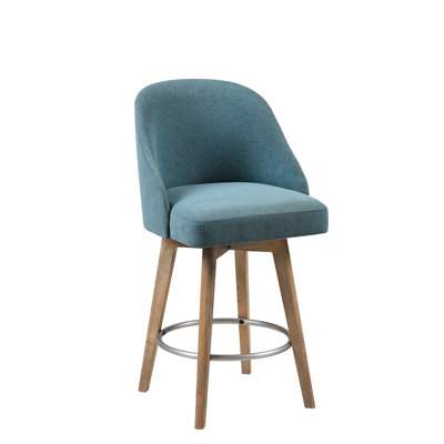 Tabouret de comptoir pivotant à 360 °, pieds en bois massif, siège d'une hauteur de 25,75 po, tissu bleu, repose-pieds à anneau en métal, mat nécessaire pour l'assemblage