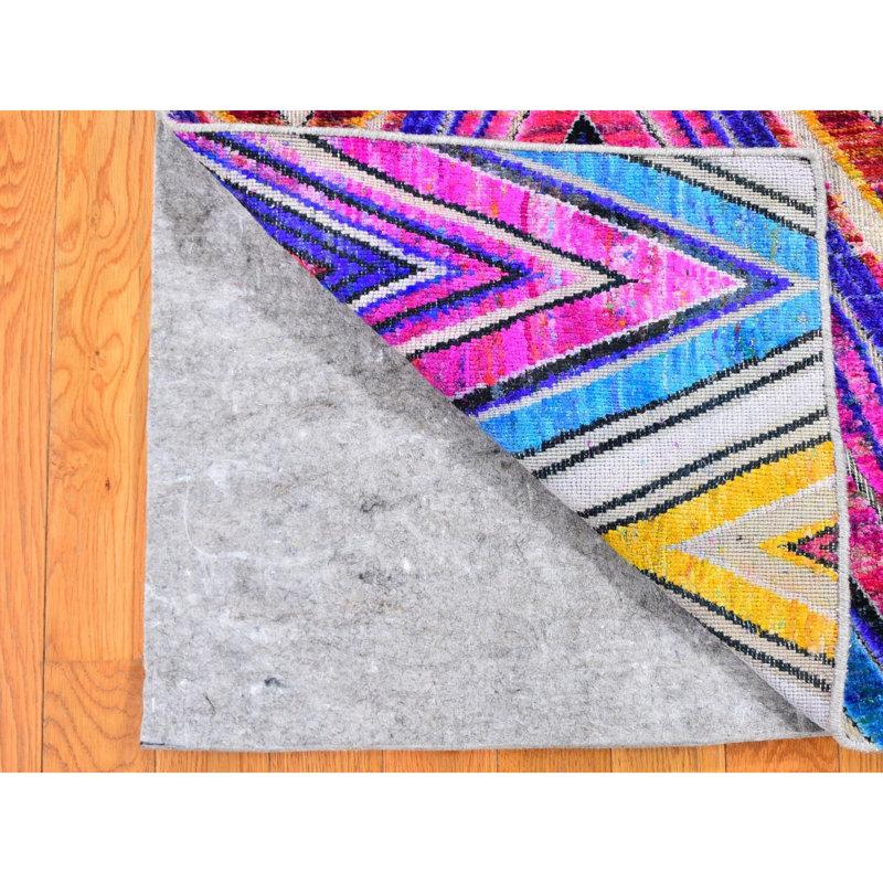 Tapis bleu / rose / rouge nouvel âge en laine noué à la main de conception unique 2 pi x 3 pi Falzini