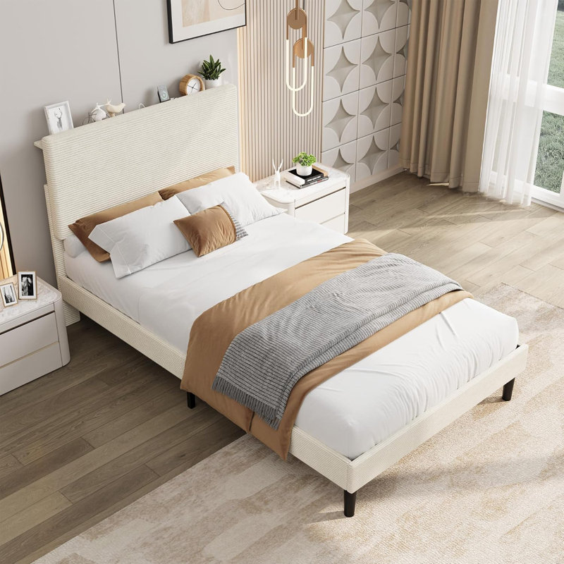 Structure de lit simple avec station de charge USB, structure de lit tapissier en velours côtelé avec tête de lit réglable, support de lattes en bois, aucun sommier requis, assemblage facile, beige
